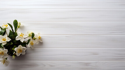 White jasmine flowers on white wooden background. Top view with copy space