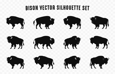 Bison Silhouette Vector art icon Bundle, Set of American Bison black Silhouettes 
