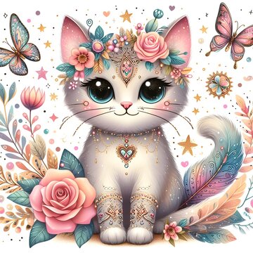 Watercolor illustration of a cute cat in a flowers with butterfly. 