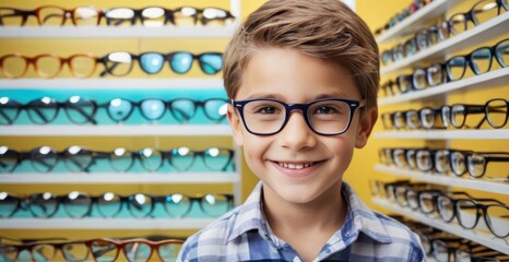 Smiling boy choosing glasses in optics store, Portrait of kid wearing glasses at optical store - obrazy, fototapety, plakaty