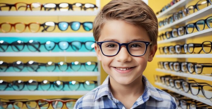 Smiling boy choosing glasses in optics store, Portrait of kid wearing glasses at optical store