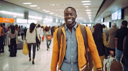 african man in the airport traveling at destination - obrazy, fototapety, plakaty