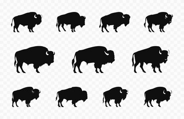 American Bison Silhouettes Vector Set, Bison Black Silhouette Vector Collection
