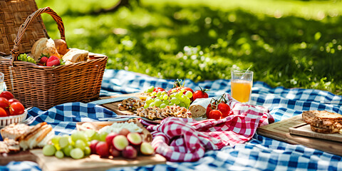 Picnic with fruits and juice on green lawn,generative ai - obrazy, fototapety, plakaty