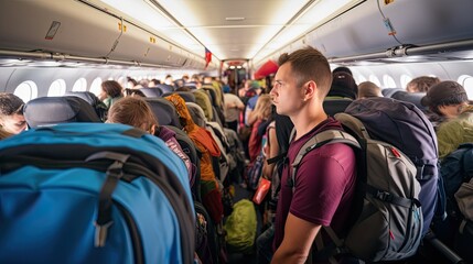 a man traveler walks down the aisle with a backpack slung over shoulder, observing the organized chaos of boarding.