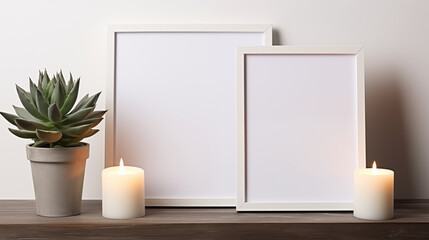 Double Green Screen Setup, Two Frames Resting on a Desk with a Potted Plant and Candles - Frontal Photo