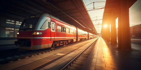 Beautiful railway station with modern  red commuter train with motion blur effect at colorful sunset. Railroad with sunlight. Vintage toning. Travel. Train. generative ai - obrazy, fototapety, plakaty