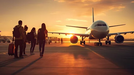 Foto op Plexiglas group of people walk to get on plane in the runway airport © kittikunfoto