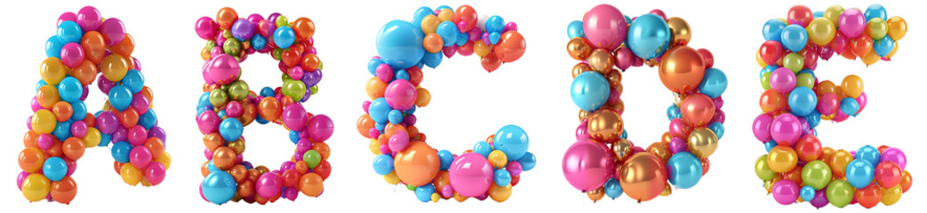 Group of 3d rendering letters A B C D E made of colorful balloons. Funny alphabet isolated on transparent background. - obrazy, fototapety, plakaty