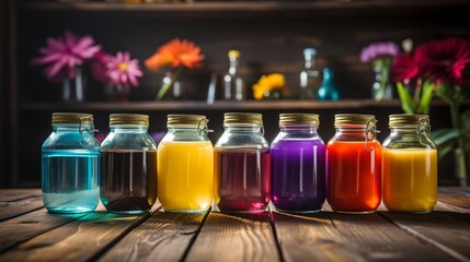 Colorful jars of liquid on a wooden table
