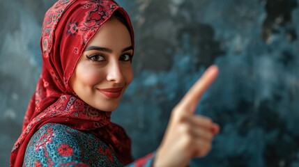 Happy woman wearing hijab against green background pointing aside . - obrazy, fototapety, plakaty