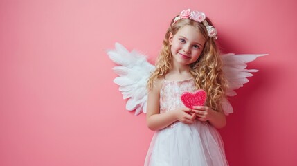 Obraz na płótnie Canvas Little cute girl holding a heart in her hands. Child wearing angel or cupid costume on isolated pink background