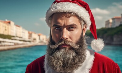 Obraz premium Santa Claus enjoying ocean tropical coral sandy palm beach - New Year and Christmas travel destinations for vacation in hot countries concept. Santa on vacation after Christmas celebration