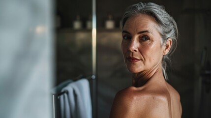 Headshot of happy smiling gorgeous middle aged woman in bathrobe at spa hotel looking away. Advertising of bodycare spa procedures antiage recreation skin care products concept.