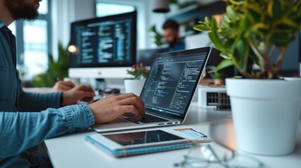 Close up of hands business man software developer engineer working on laptop computer in office. Male administrator programmer specialist coding on pc developing applications programming code