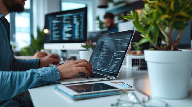 Close up of hands business man software developer engineer working on laptop computer in office. Male administrator programmer specialist coding on pc developing applications programming code