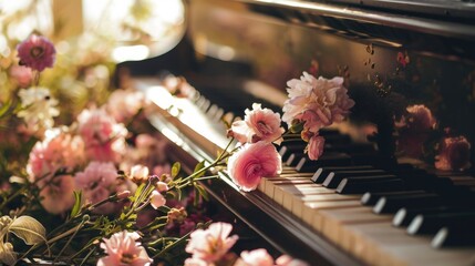 Retro piano and flowers, classic music . 