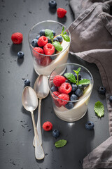 Cold and delicious Panna Cotta served in glass with berries.
