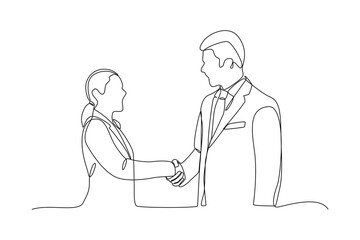 Two people hand shake for make a deal. Business minimalist concept. Simple continuous line.
