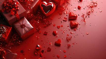 Valentine's day holiday concept with gift box and heart shape on red background