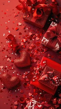 Vertical picture of Valentine's day holiday concept with gift box and heart shape on red background.