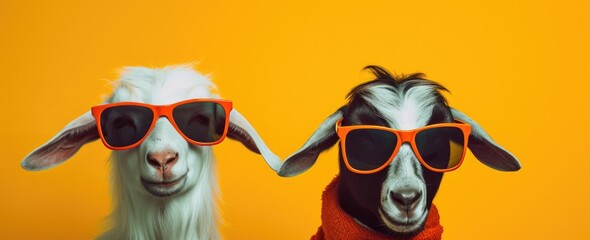 Fototapeta premium Groovy Goats in Shades: A Colorful Twist on Farmyard Chic. Generative AI