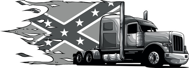 monochromatic illustration of Semi Truck with confederate flag
