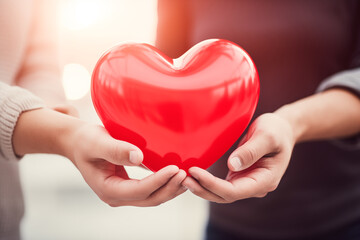 wo people holding a red heart-shaped balloon together, signifying shared love and connection in a symbolic Valentine's gesture.