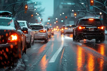 Fotobehang Cars driving down a street with snow, inclement weather, light silver and dark blue, water droplets, snow and city lights, blurred background. © Tetiana