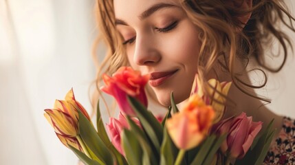Obraz na płótnie Canvas Pretty inspired woman with tulips. International women day , 8th of March .