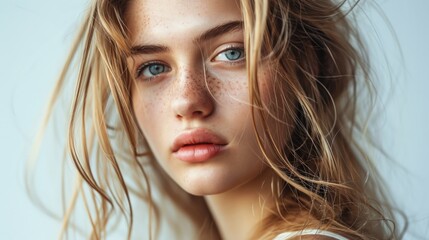 Fototapeta premium Young beautiful girl with natural beauty, beautiful eyes and facial features looks at the camera. Woman with cute freckles, clean and well-groomed skin, healthy complexion