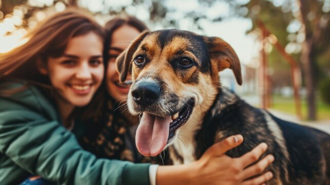 Cute lesbian couple adopted a dog from a shelter. The happy couple found a pet and a pet, a new family member