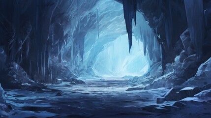 A crystalline ice cave, with intricate formations glistening under the soft glow of icy blue light. - obrazy, fototapety, plakaty