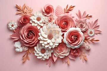 Obraz na płótnie Canvas 3d rendering, paper flowers, pastel color palette, botanical background, isolated clip art, round bouquet, floral arrangement