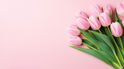 Beautiful composition spring flowers bouquet of pink tulips flower for greeting card