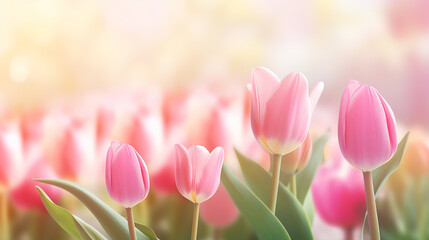 beautiful pink Tulip on blurred spring sunny background texture for design, copy space. banner