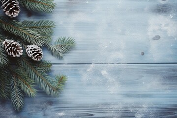 Winter background with copy space. Fir branches and cones with snow, top view