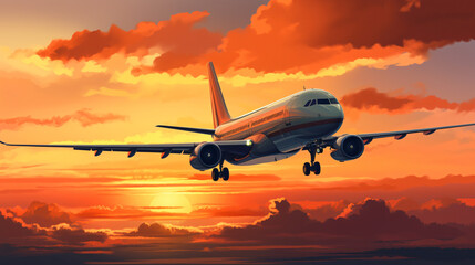 Fototapeta na wymiar Silhouette of aircraft and orange sky with sun