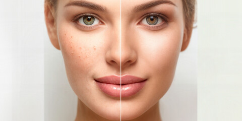  A woman is smiling with a split image of her face on each side. One side has flawless skin, the other side has spots and acne. Cosmetics advertising. Before and after..