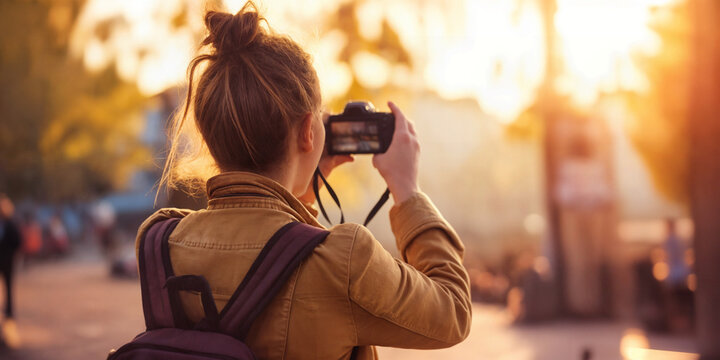 A woman taking a photo with a camera during golden hour. Mirrorless camera.