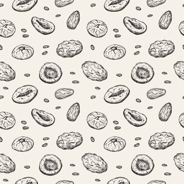 Dried fruits Seamless pattern Repeating background with Prunes, dried apricots, dry fruits, dates for packaging, textile, print, template card flyer. Decorative ornament hand drawn vector illustration