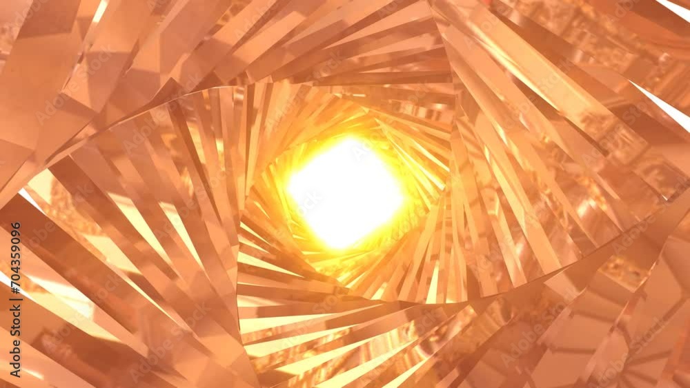 Poster abstract metallic shiny golden yellow polyhedral tunnel frame made of lines of hexagonal edges, mech