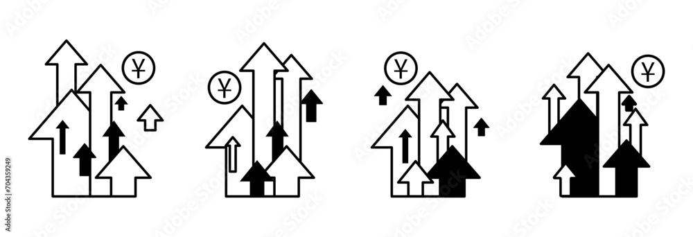 Poster a set of various up arrows. in green color and linear styles. yuan sign. yen coin