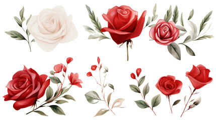 Watercolor elements red roses, and flowers on a white background