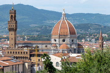 Florence, Italy, July 25, 2023. Aerial view of the city with Santa Maria del Fiore Cathedral