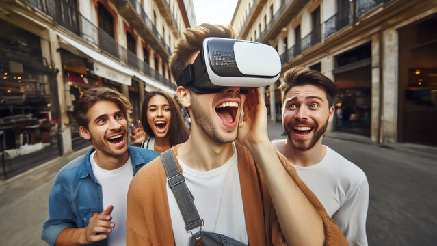 Chico con gafas de realidad virtual en la calle rodeado de gente