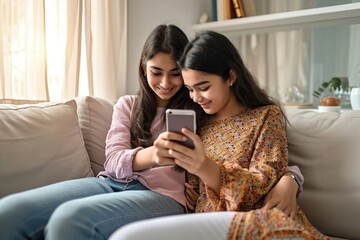 Happy indian family mom with teen daughter using phone together at home. Young mother and teenage child girl watching social media videos, doing online shopping on smartphone sitting, Generative AI