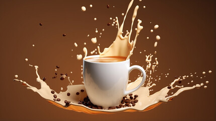 milk coffee splash in white cup with coffee beans, 3d illustration