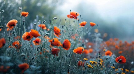 Red poppies on a meadow in the morning mist. Generative AI