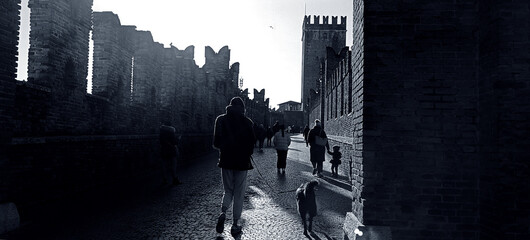 Enigmatic Noir: Silhouettes wander near an ancient castle, shadows dance in contrast to sunlight, creating a mysterious and captivating black-and-white scene